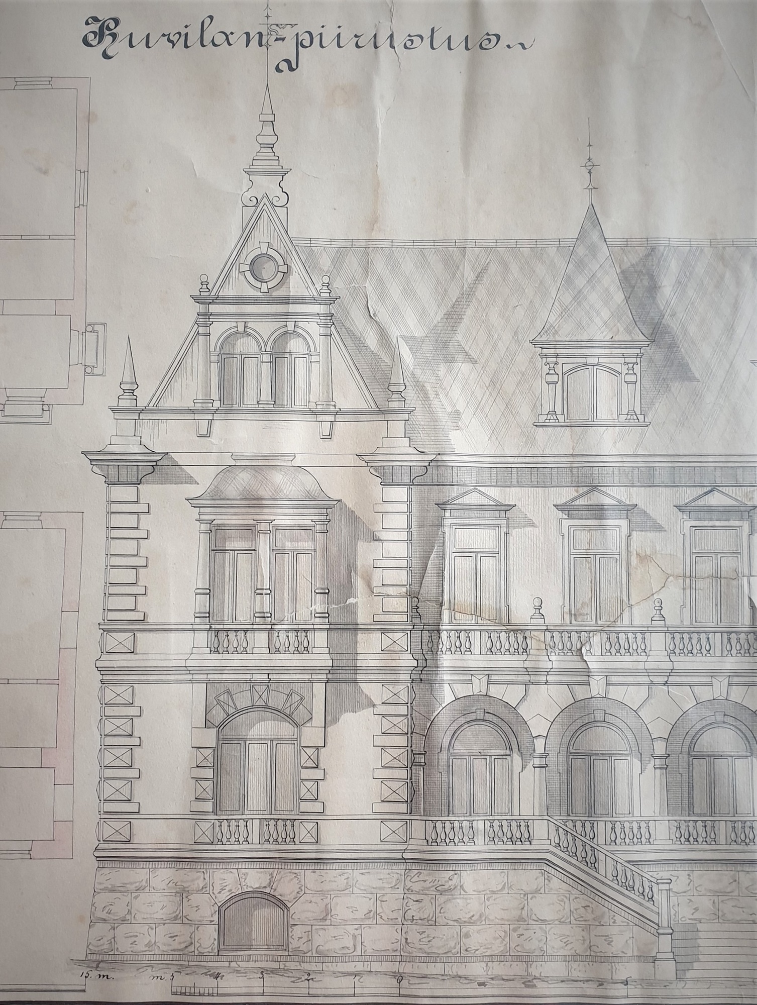 Kaarlo Sillmanin piirustus: Huvilan julkisivu, vasen reuna (Tampereen teollisuuskoulu 1891–92)