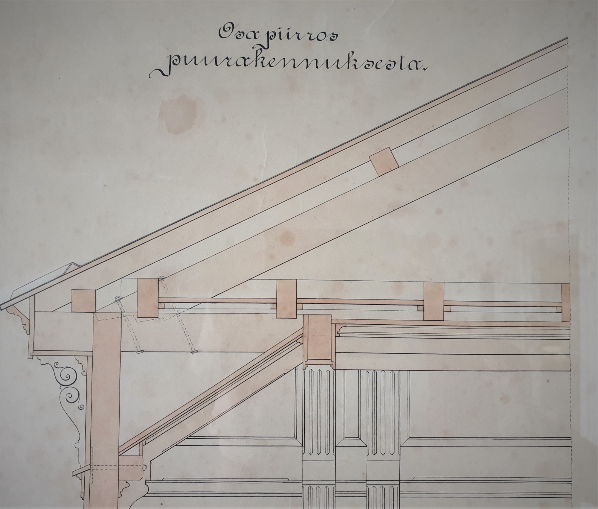 Kaarlo Sillmanin piirustus: Osapiirros puurakennuksesta (Tampereen teollisuuskoulu 1891–92)