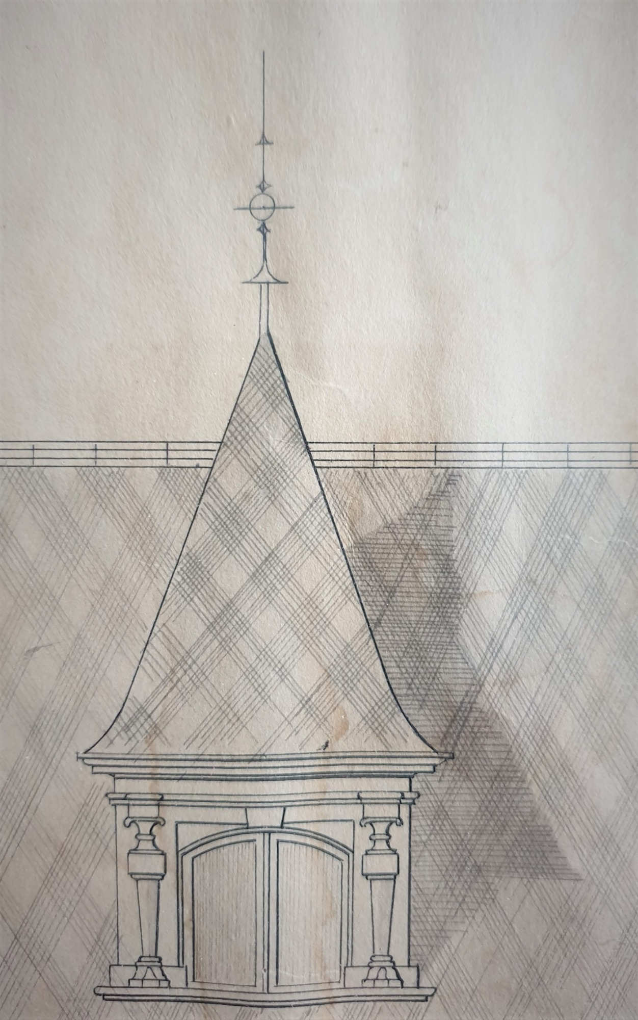 Kaarlo Sillmanin piirustus: Huvilan tornin yksityiskohta (Tampereen teollisuuskoulu 1891–92)